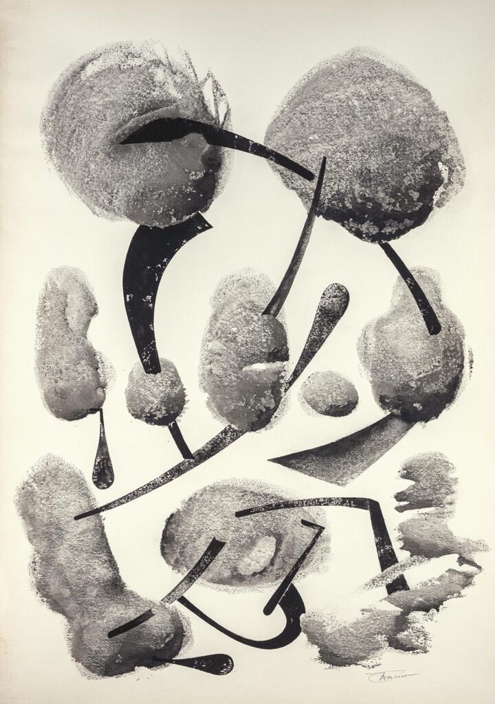 Germinations - entre 1960 et 1965, encre au pinceau, 65x50 cm