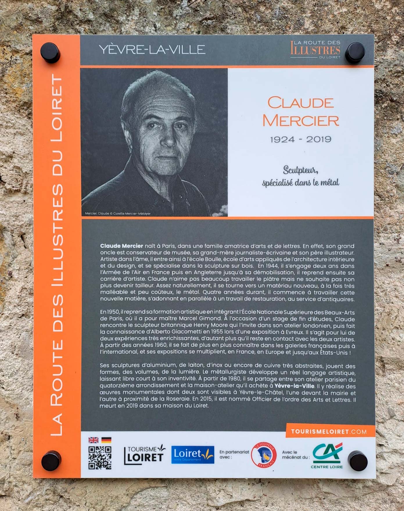 Plaque commémorative Claude Mercier, Yèvre-la-Ville, Loiret.